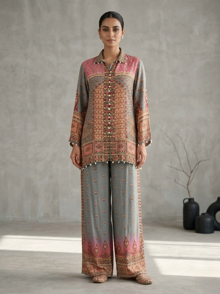 Drop 09 - Dusty Rose & Ash Grey Printed Co-Ord Set with Ethnic Motifs