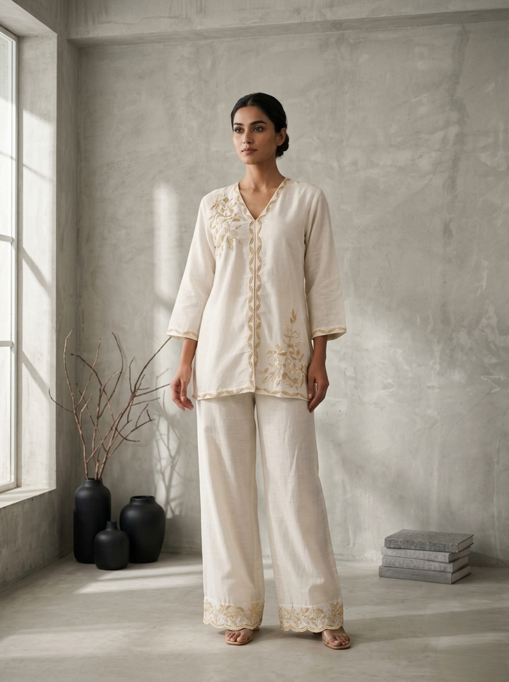 Drop 10 - White Cotton Co-Ord Set with Subtle Floral Embroidery