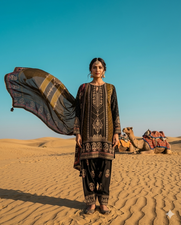 Black Printed Crepe Short Kurta with Farshi Salwar & Printed Dupatta Set