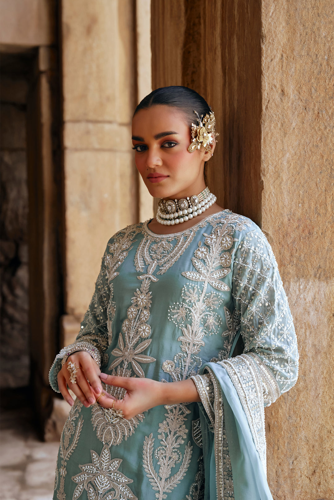 Sky Blue Zari Embroidered Festive Suit Set