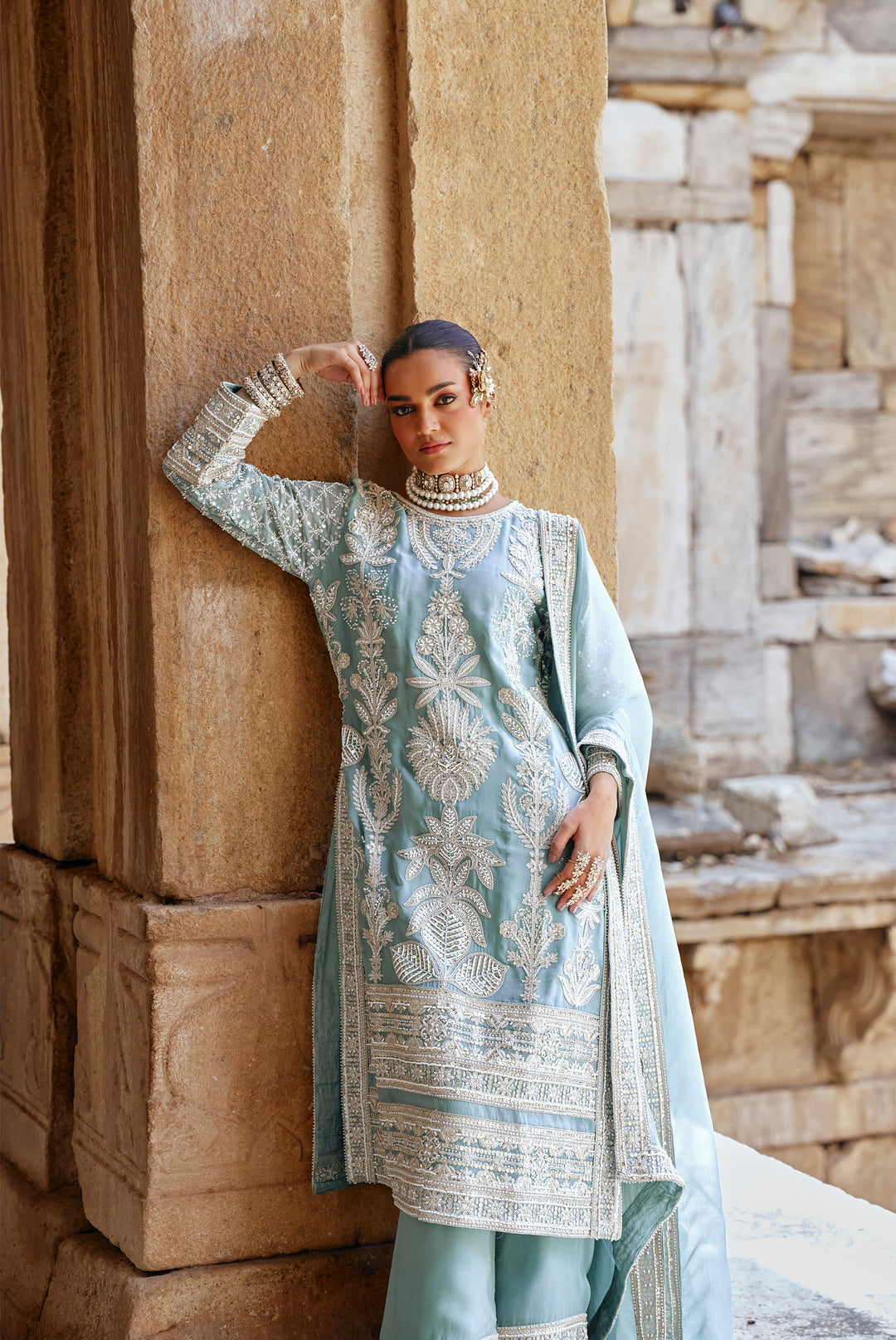 Sky Blue Zari Embroidered Festive Suit Set