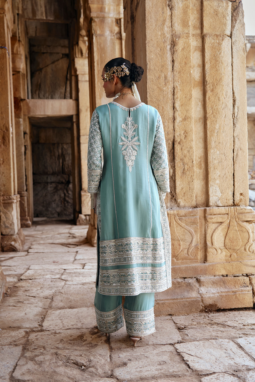 Sky Blue Zari Embroidered Festive Suit Set