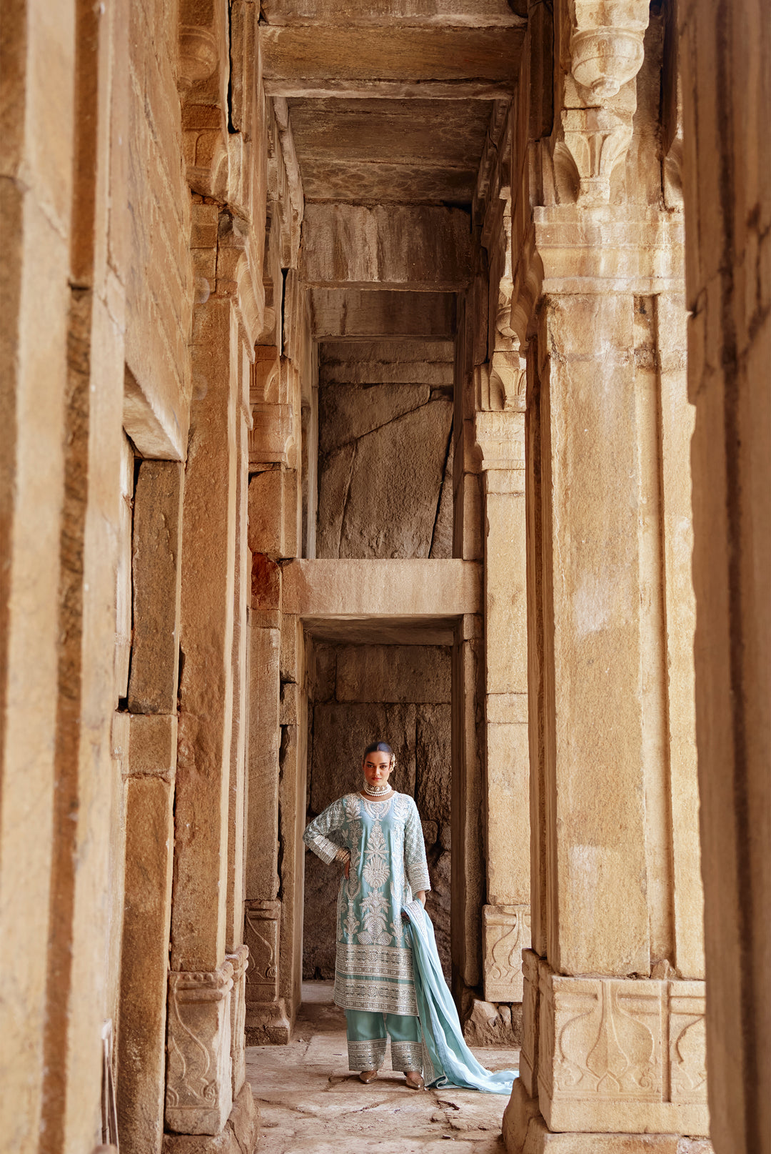 Sky Blue Zari Embroidered Festive Suit Set