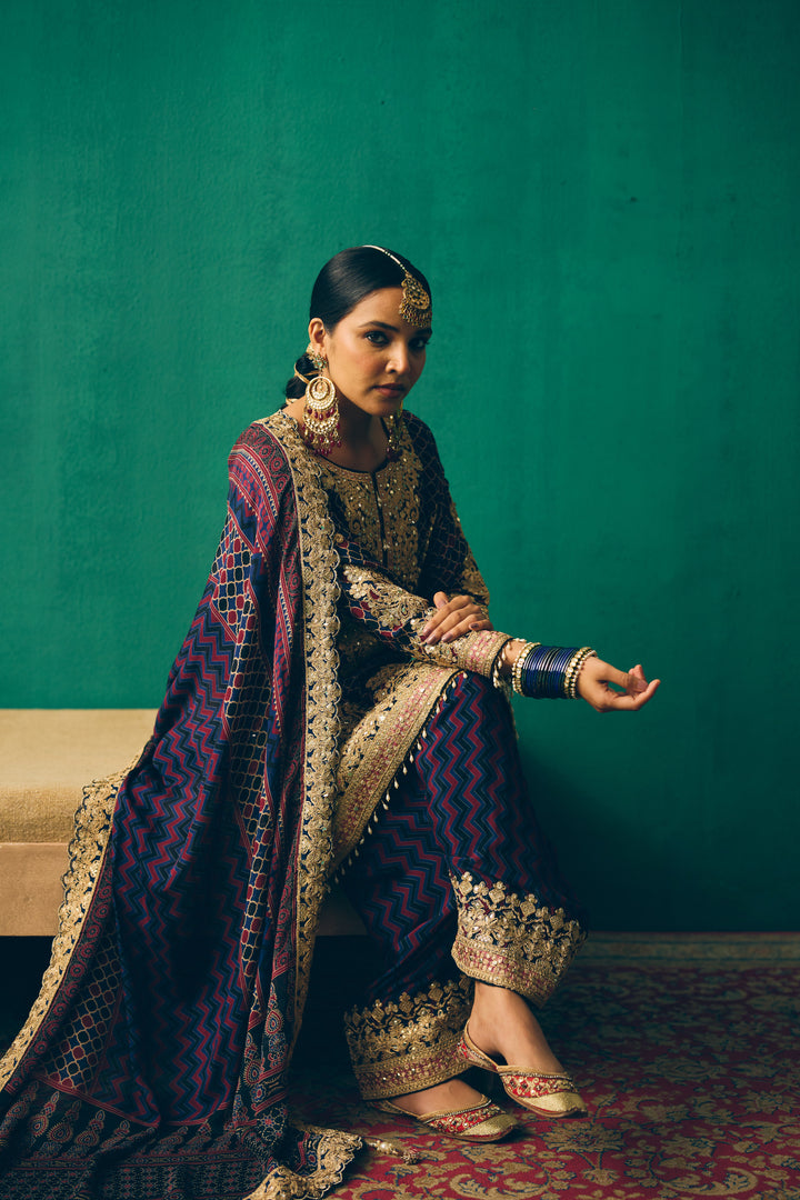 Midnight Blue Sitara Embroidered Silk Kurta Set