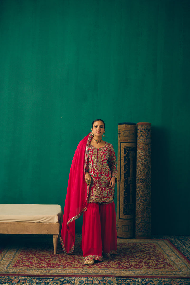 Elegant Hot Pink Traditional Suit with Embellished Dupatta