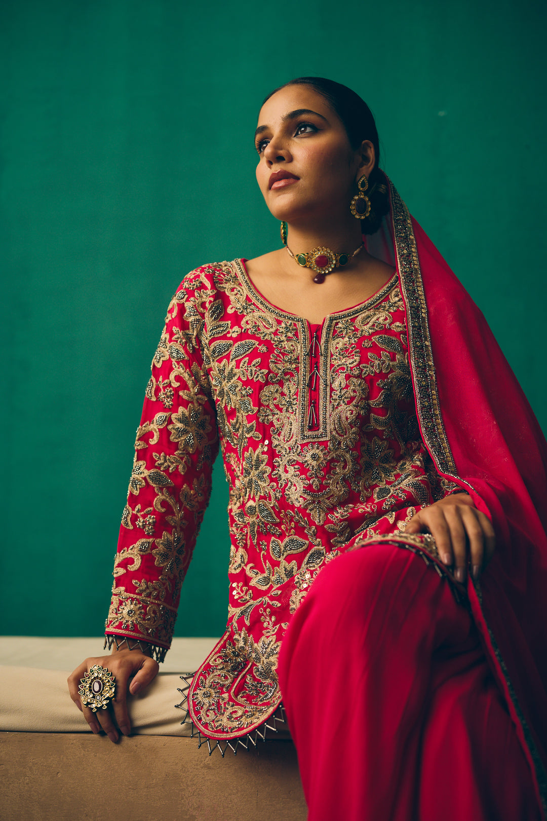 Elegant Hot Pink Traditional Suit with Embellished Dupatta