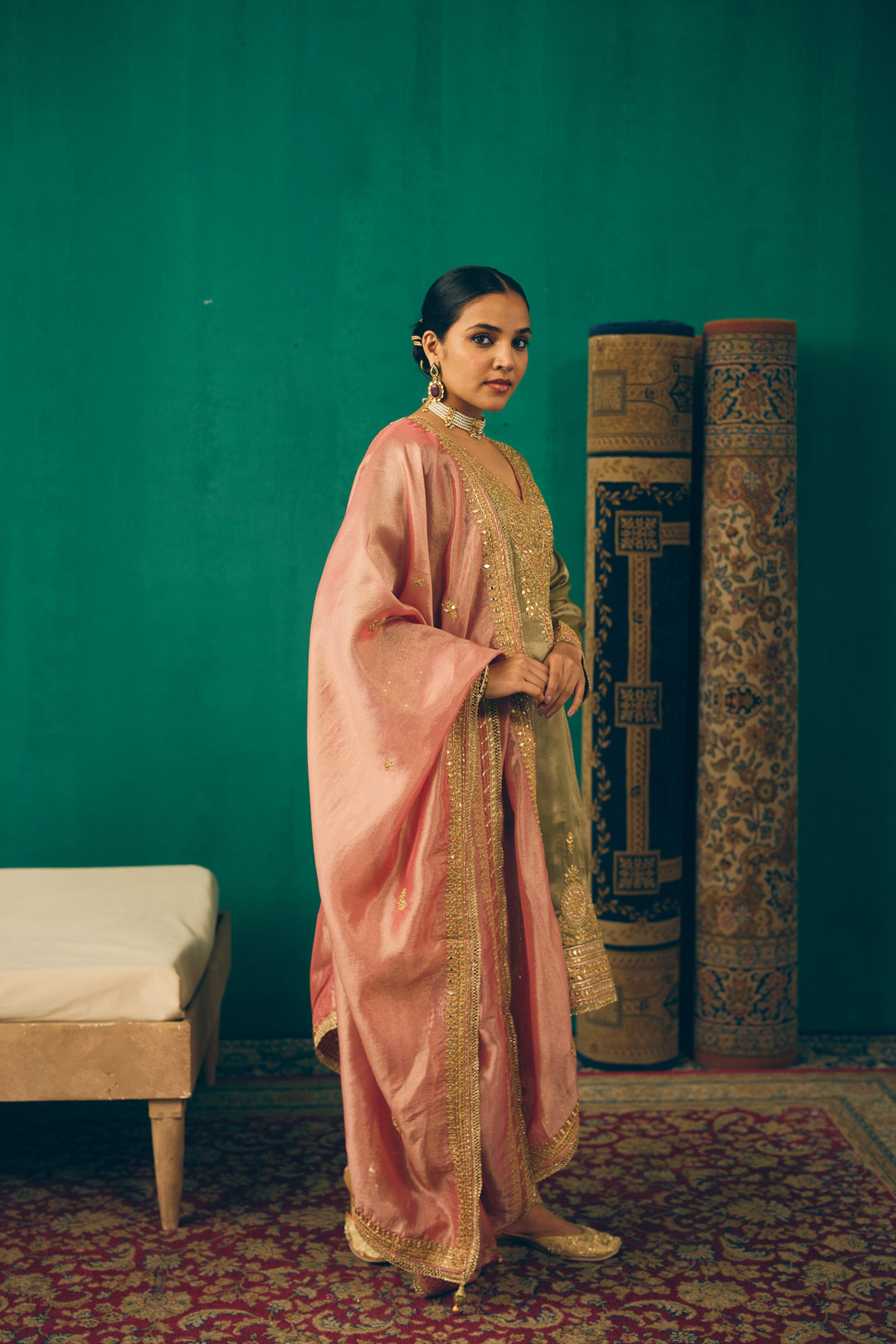 Elegant Traditional Olive & Pink Ethnic Suit