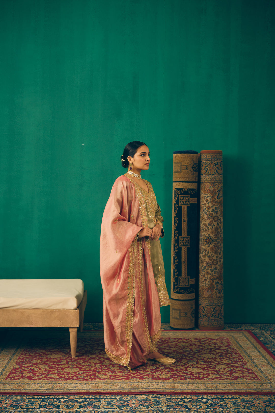 Elegant Traditional Olive & Pink Ethnic Suit