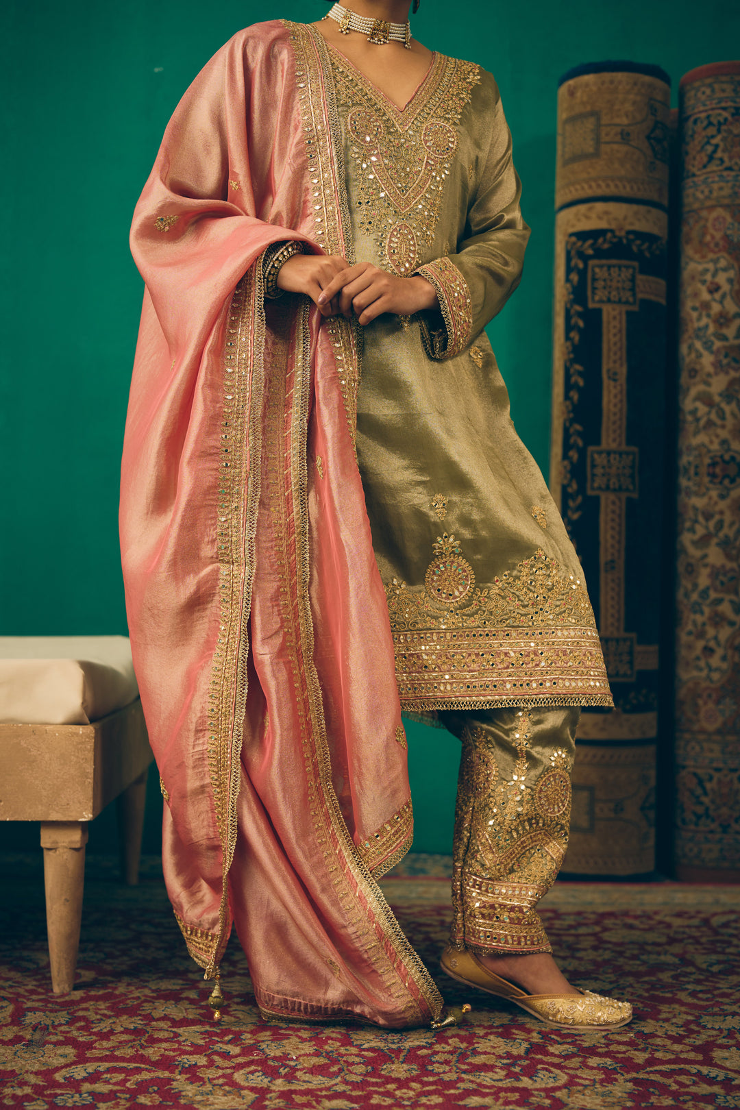 Elegant Traditional Olive & Pink Ethnic Suit