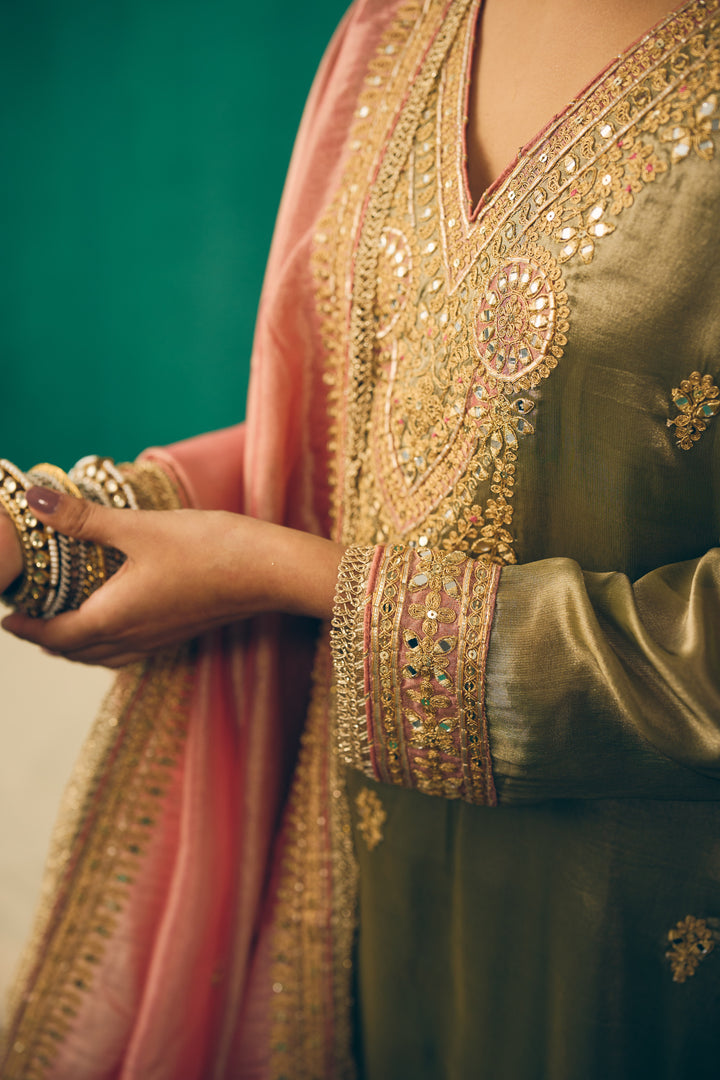 Elegant Traditional Olive & Pink Ethnic Suit
