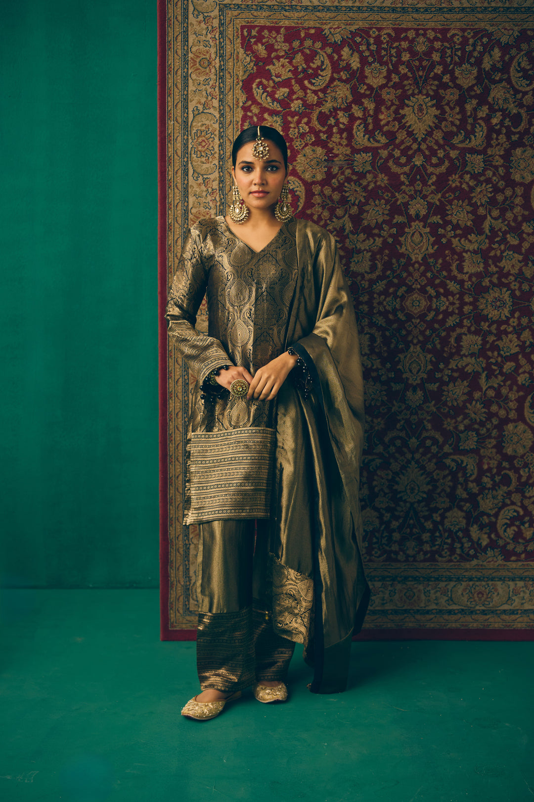 Olive Green Party Wear Ethnic Set