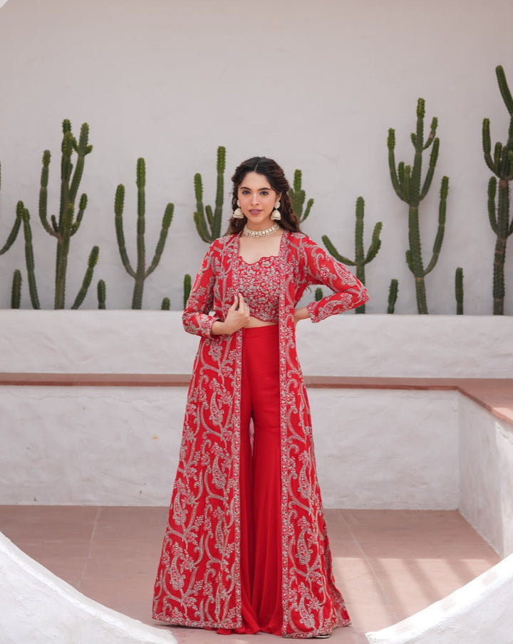 Dhaage-e-ishq Red Crop Top Set With Cape