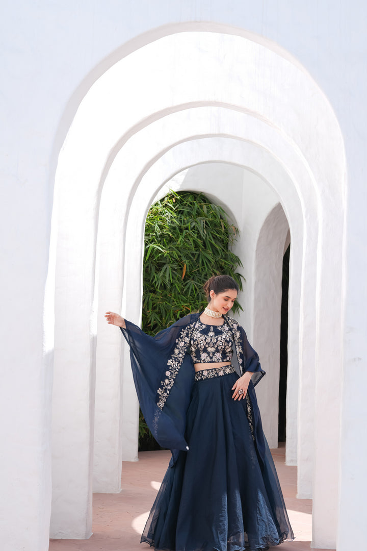 Nazraana Navy Blue Crop Top Set