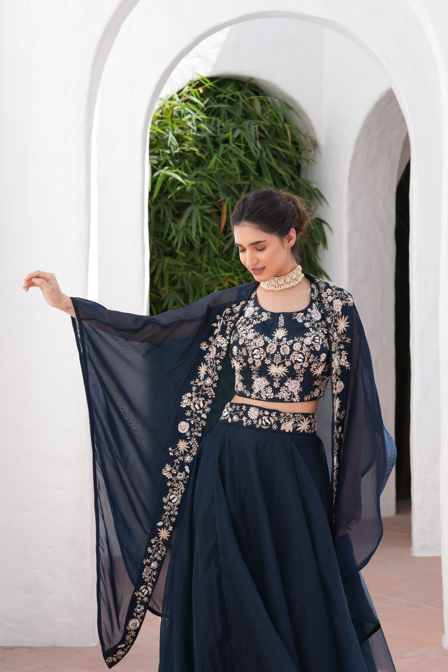 Nazraana Navy Blue Crop Top Set