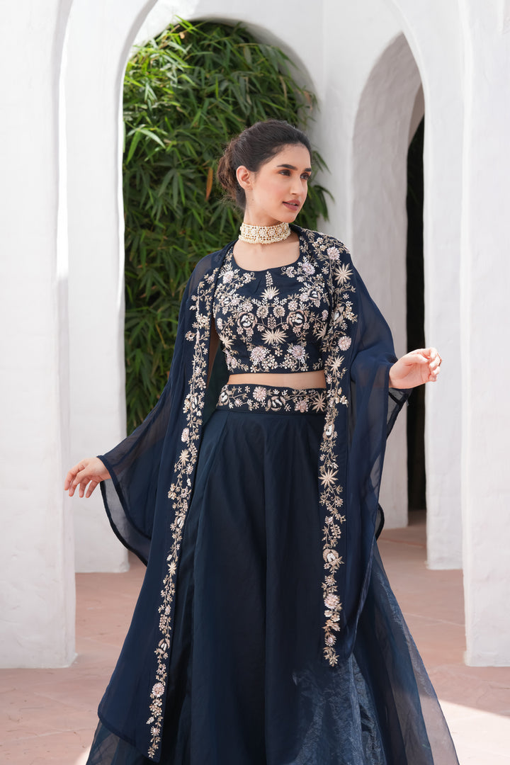 Nazraana Navy Blue Crop Top Set