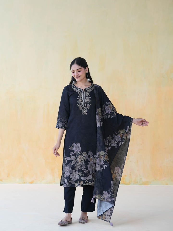 Black Floral Cotton Suit Set