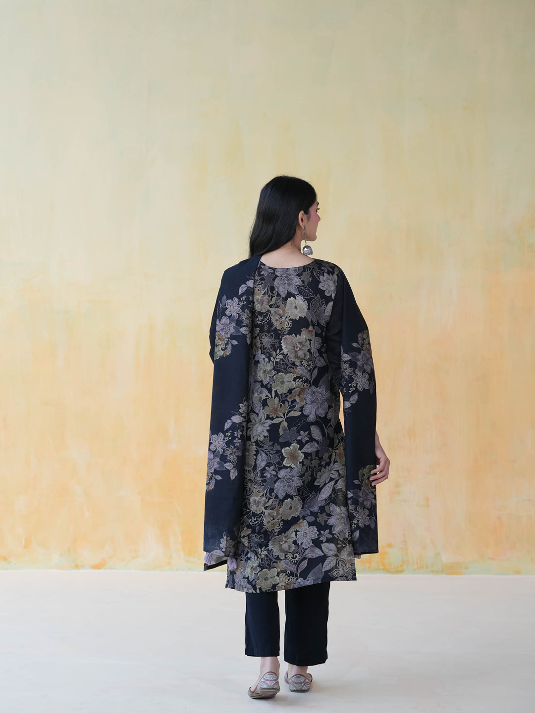 Black Floral Cotton Suit Set