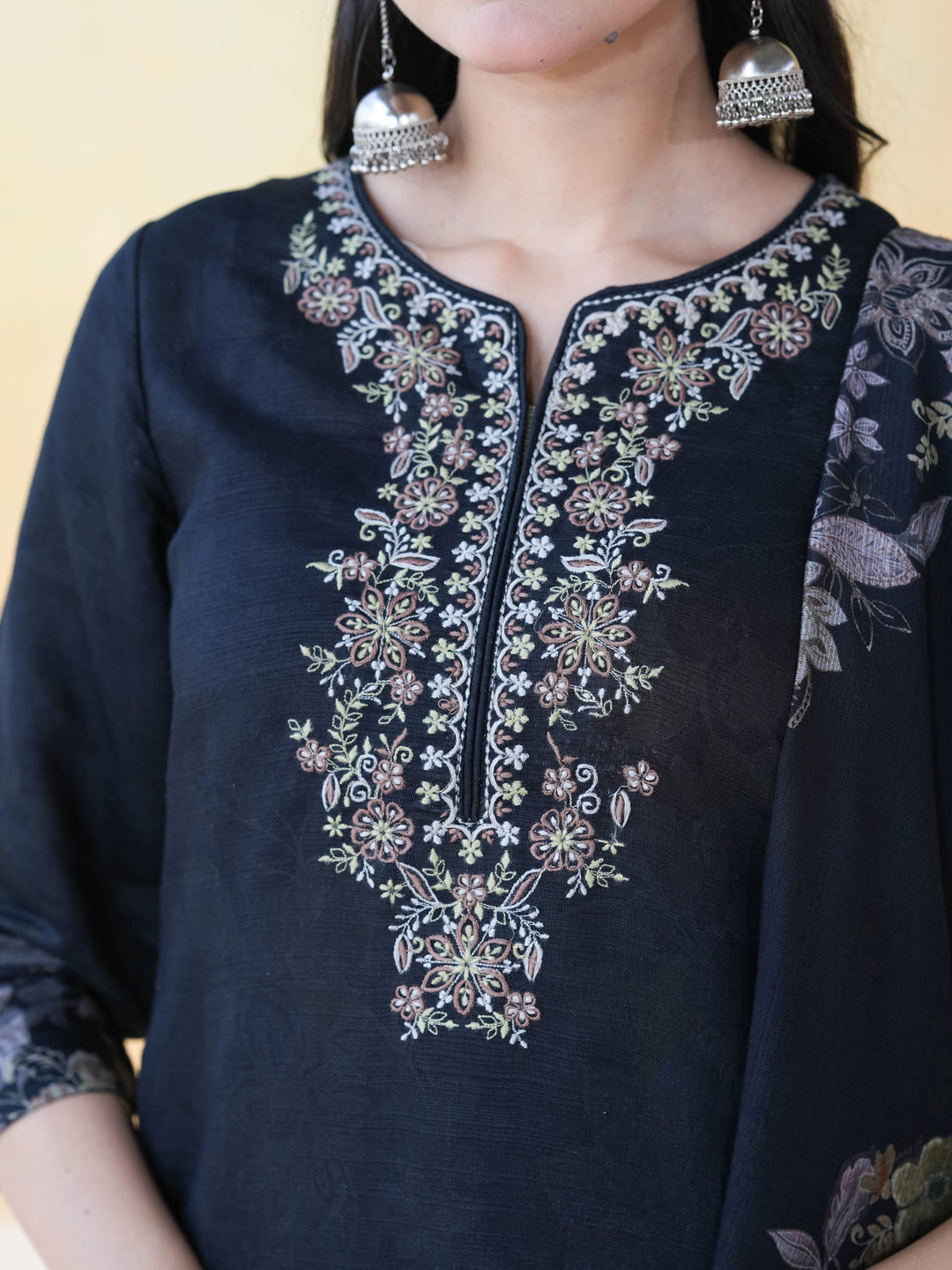 Black Floral Cotton Suit Set