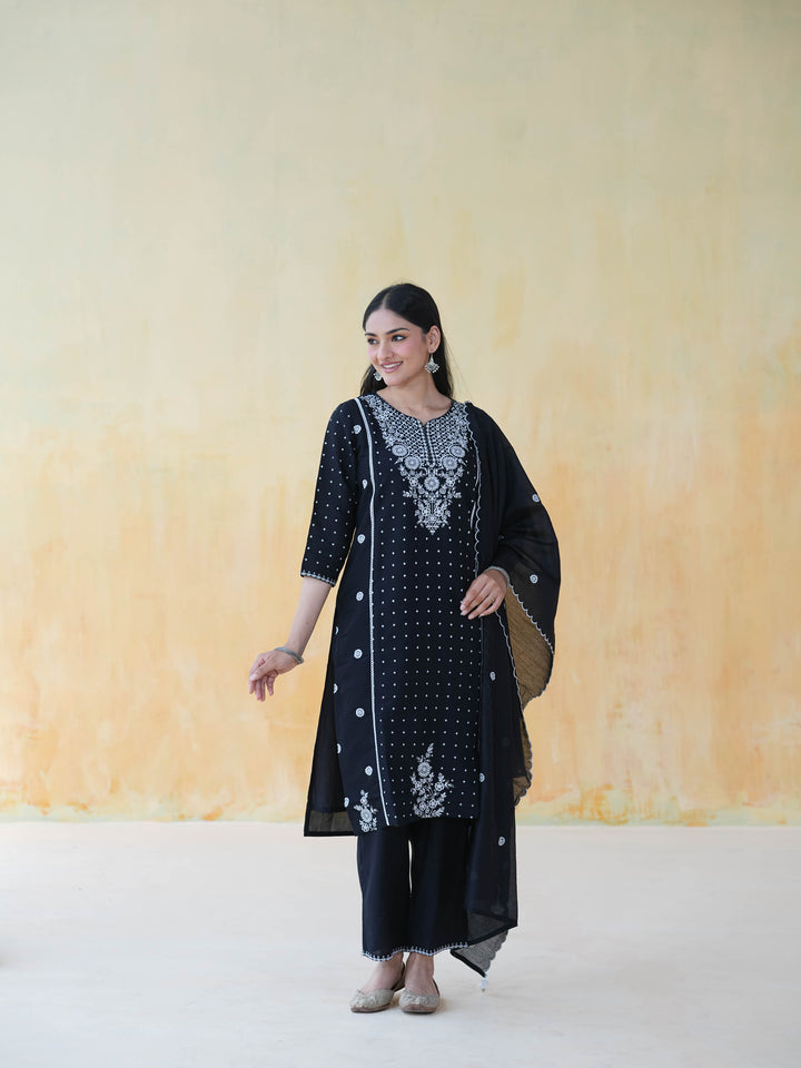 Black Chikankari Style Cotton Suit Set
