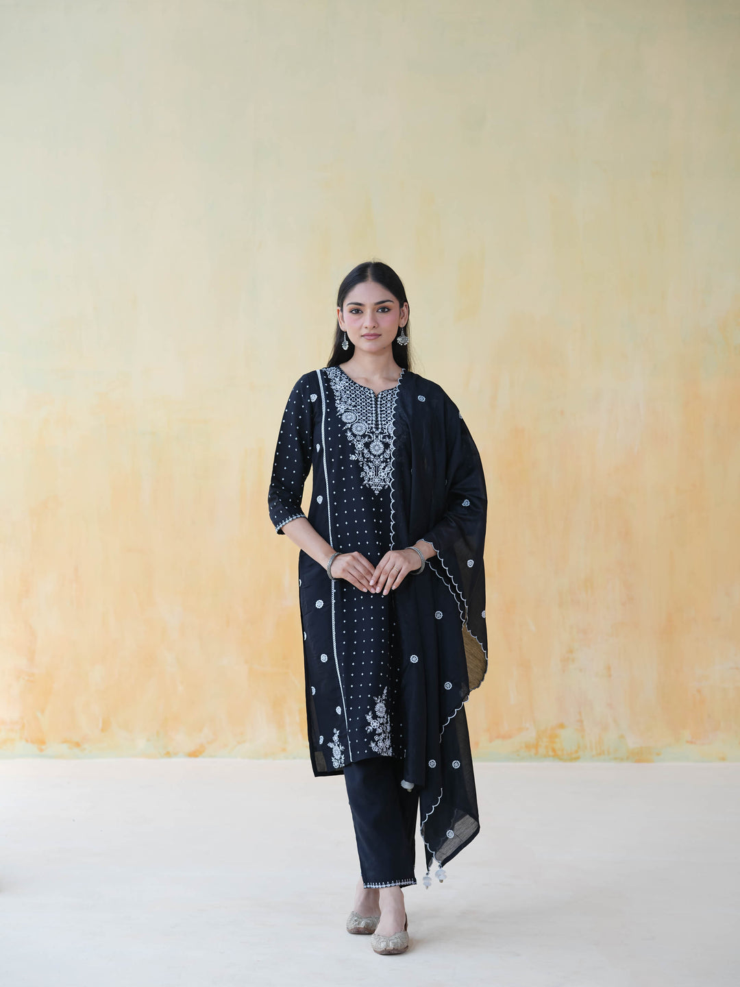 Black Chikankari Style Cotton Suit Set