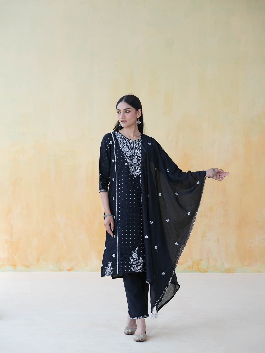 Black Chikankari Style Cotton Suit Set