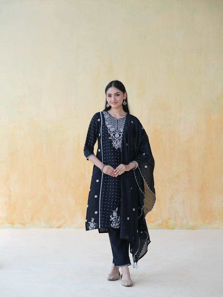 Black Chikankari Style Cotton Suit Set