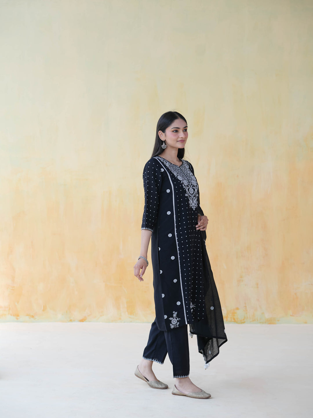 Black Chikankari Style Cotton Suit Set