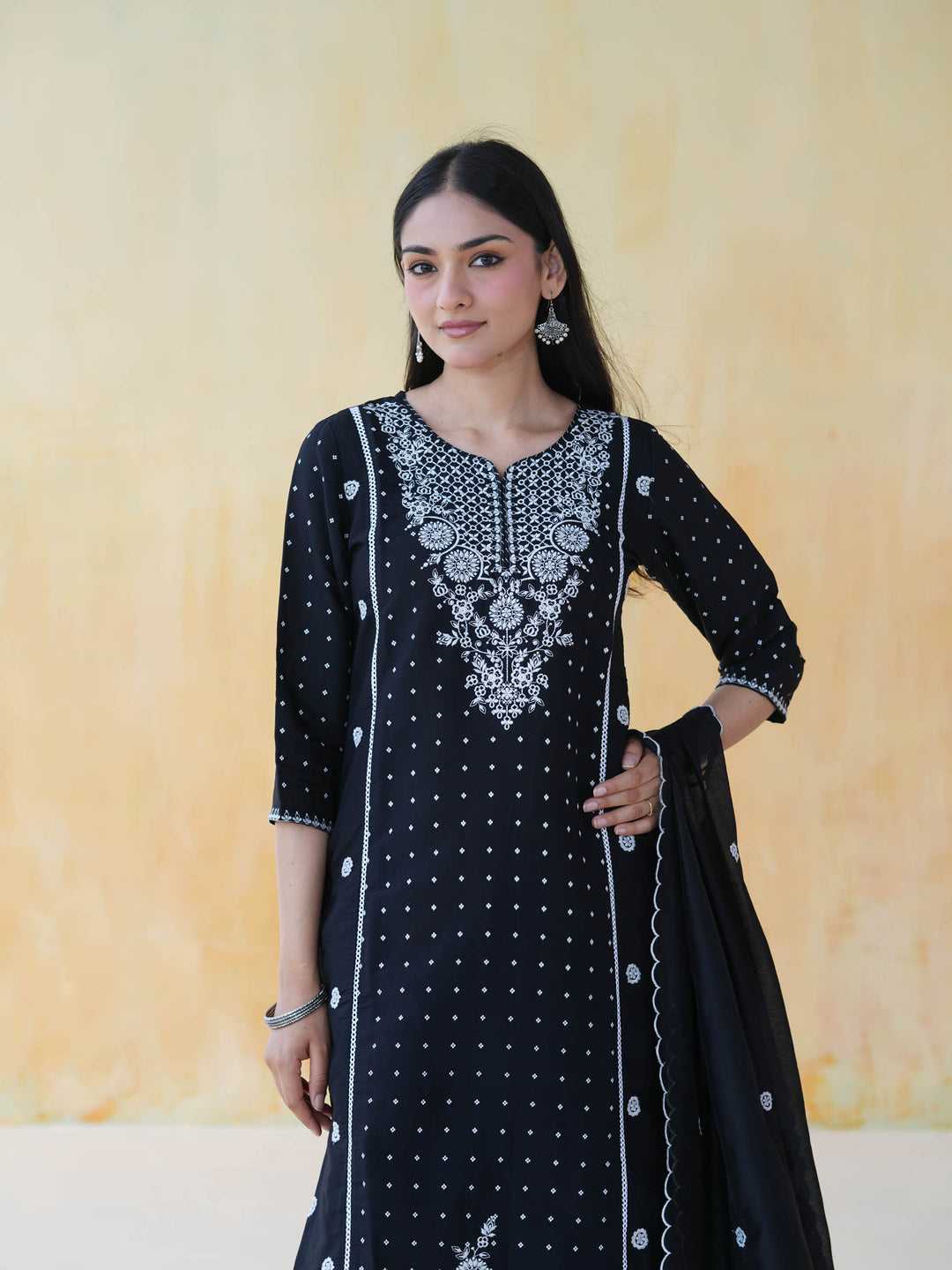 Black Chikankari Style Cotton Suit Set