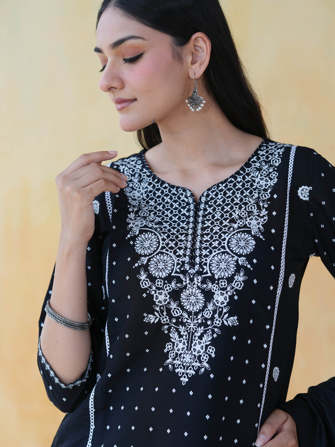 Black Chikankari Style Cotton Suit Set