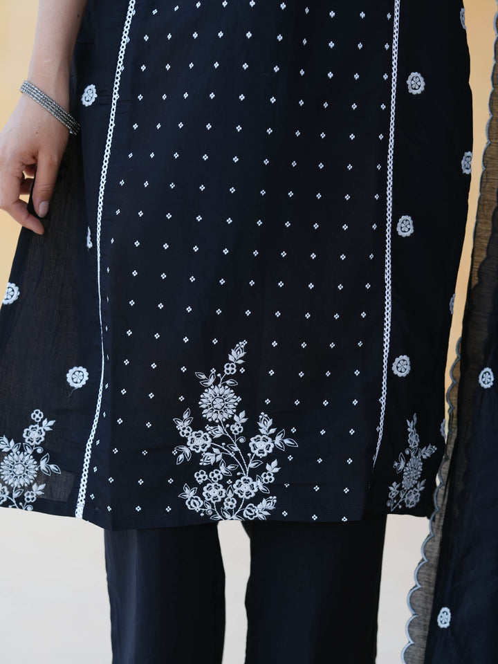 Black Chikankari Style Cotton Suit Set