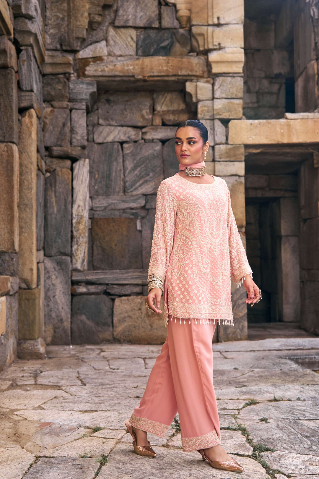 Blush Peach Intricate Embroidered Suit Set