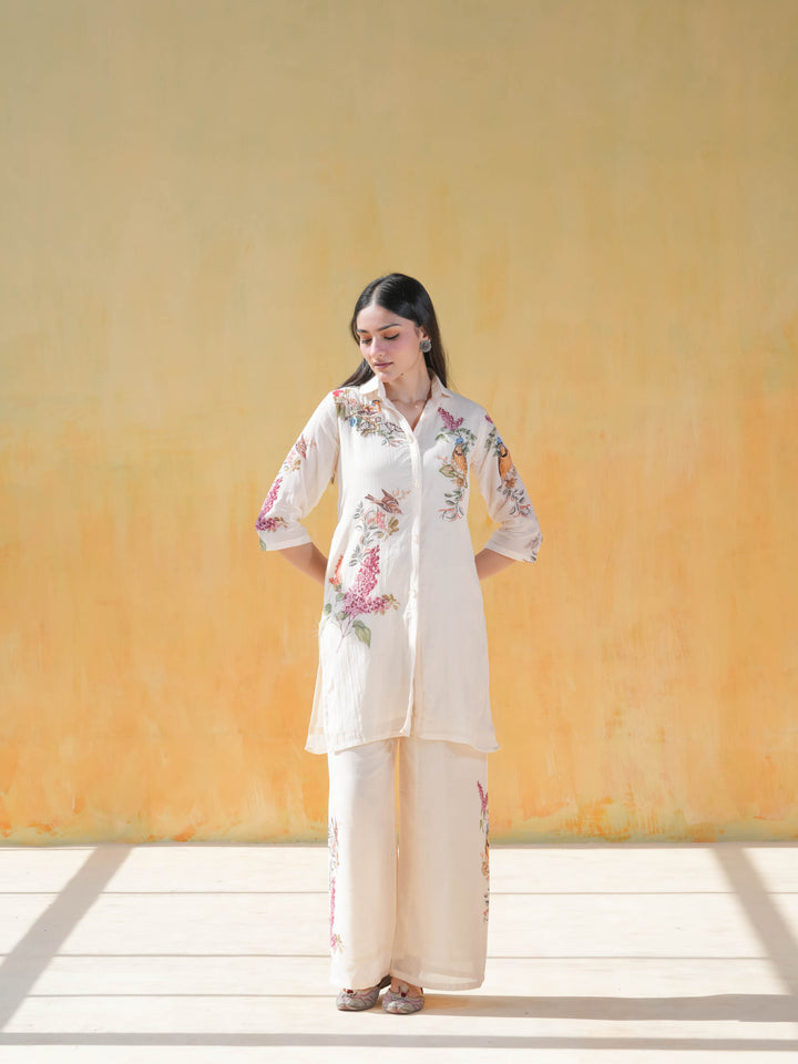 Cream Bird Print Cotton Co-ord Set