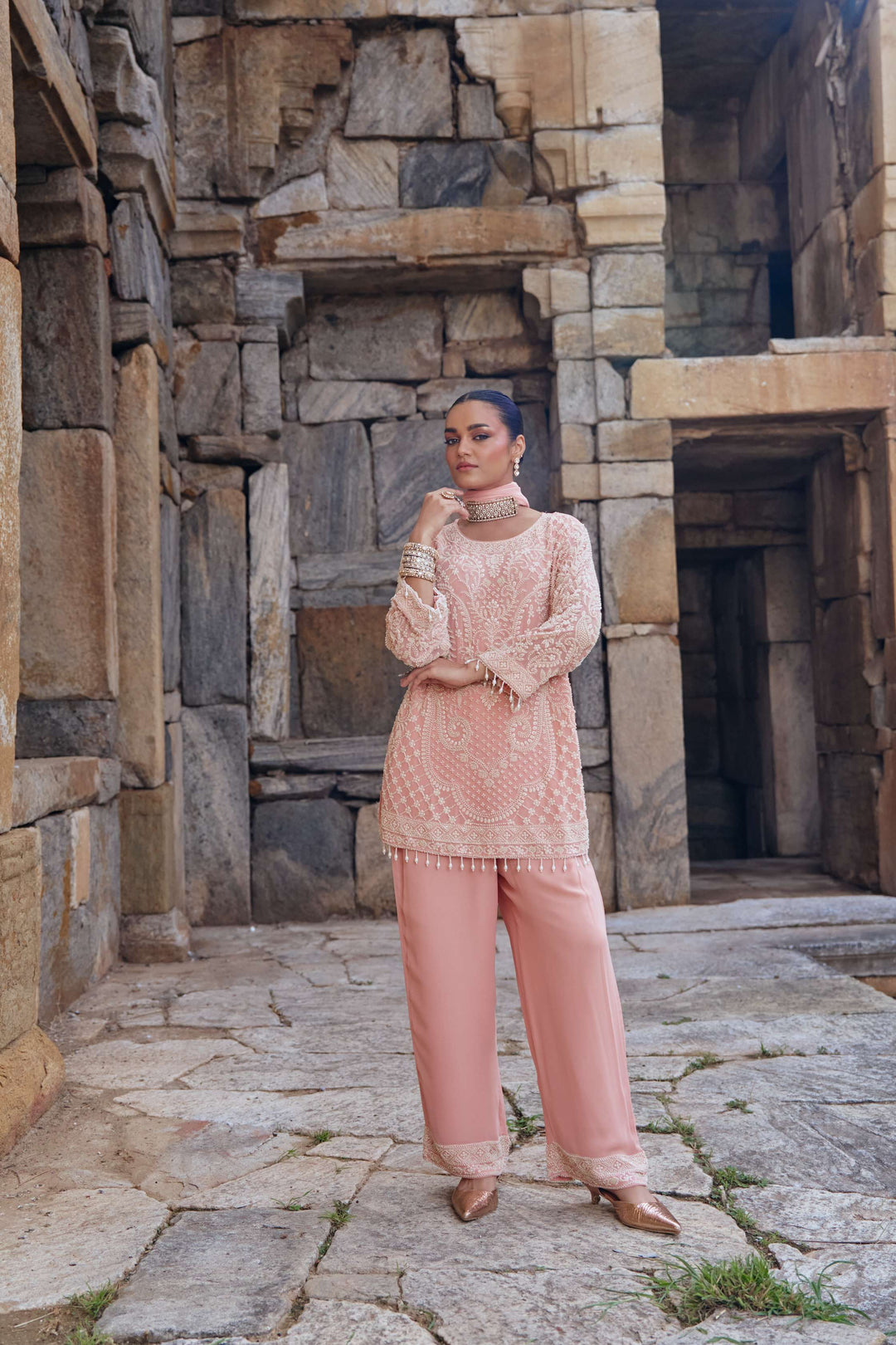 Blush Peach Intricate Embroidered Suit Set