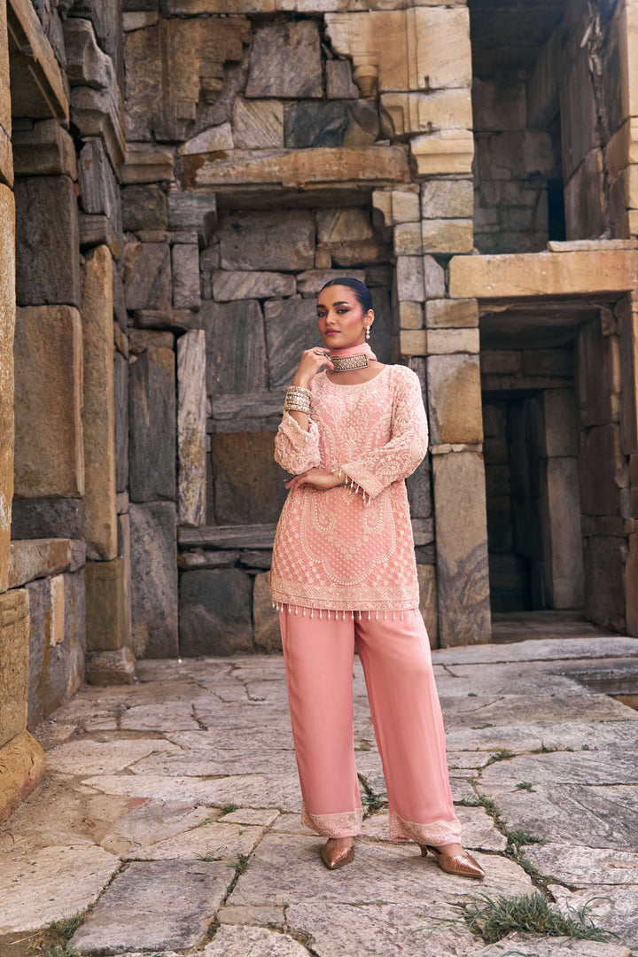 Blush Peach Intricate Embroidered Suit Set