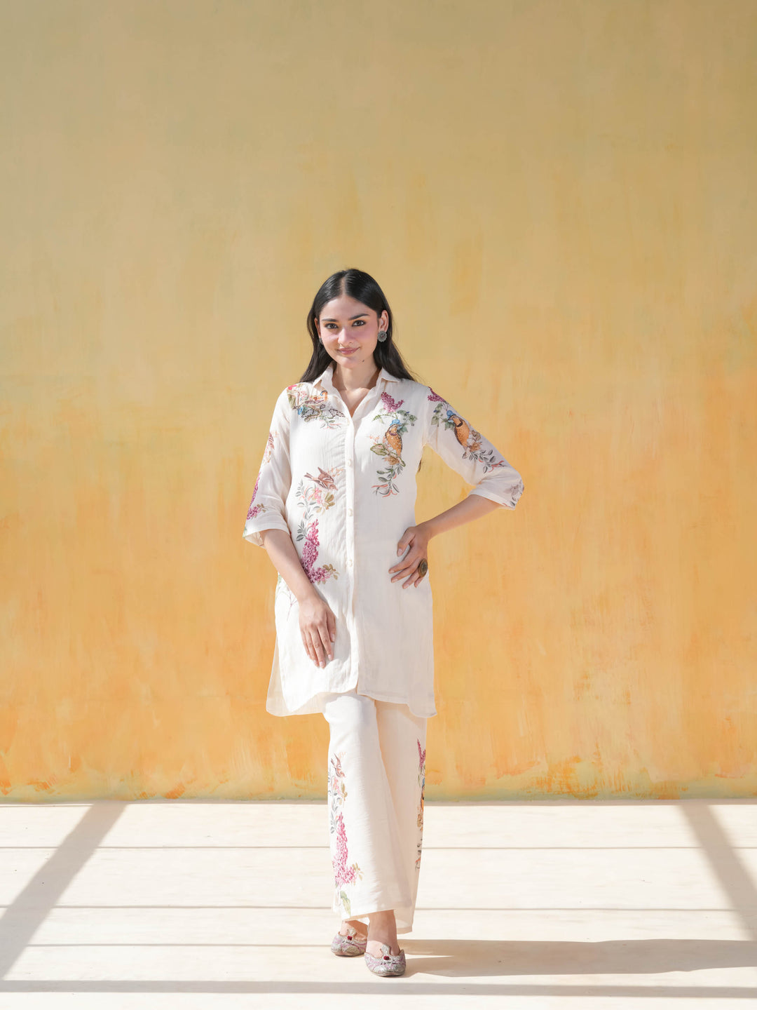 Cream Bird Print Cotton Co-ord Set