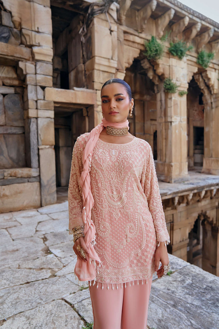 Blush Peach Intricate Embroidered Suit Set