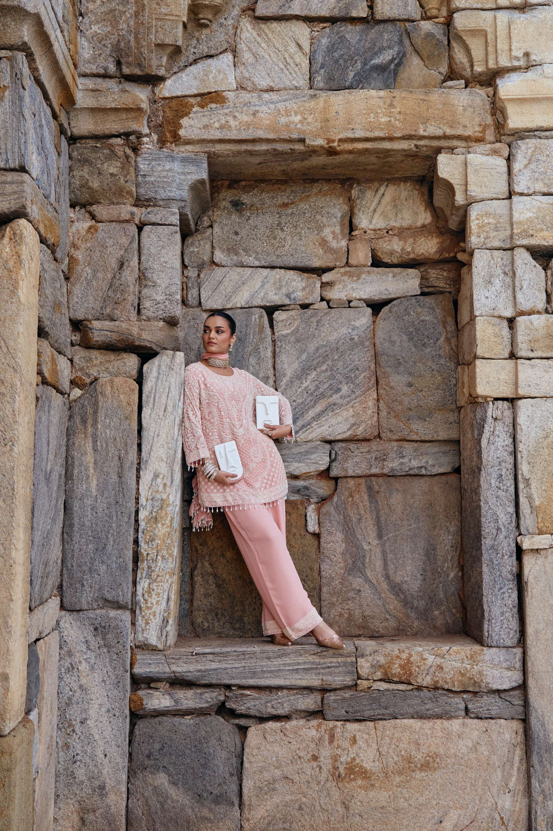 Blush Peach Intricate Embroidered Suit Set