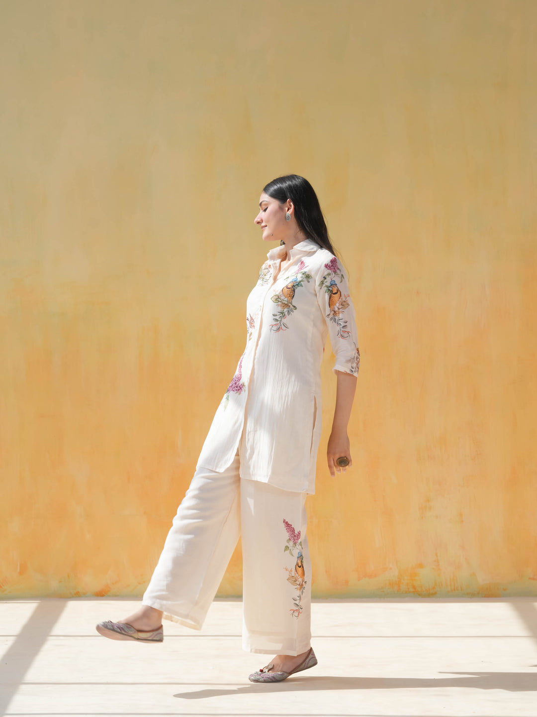 Cream Bird Print Cotton Co-ord Set