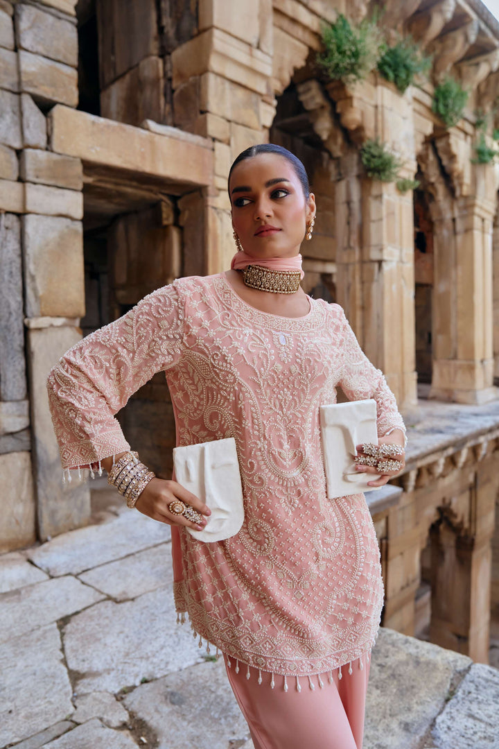 Blush Peach Intricate Embroidered Suit Set