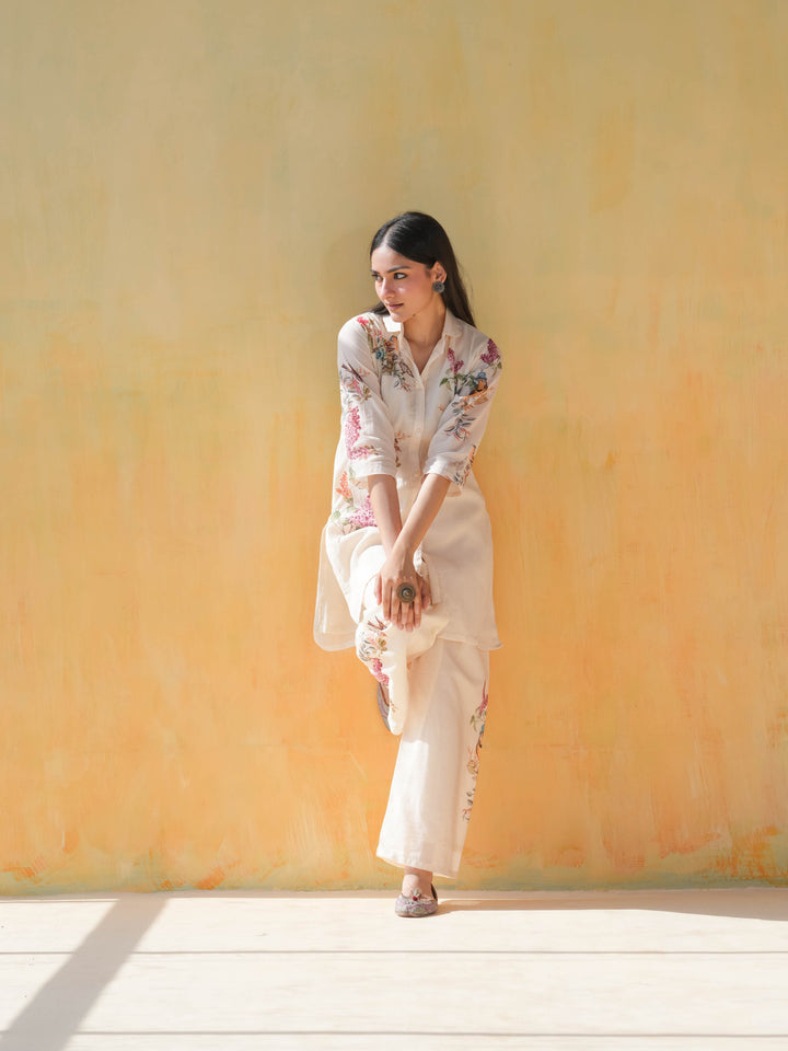 Cream Bird Print Cotton Co-ord Set