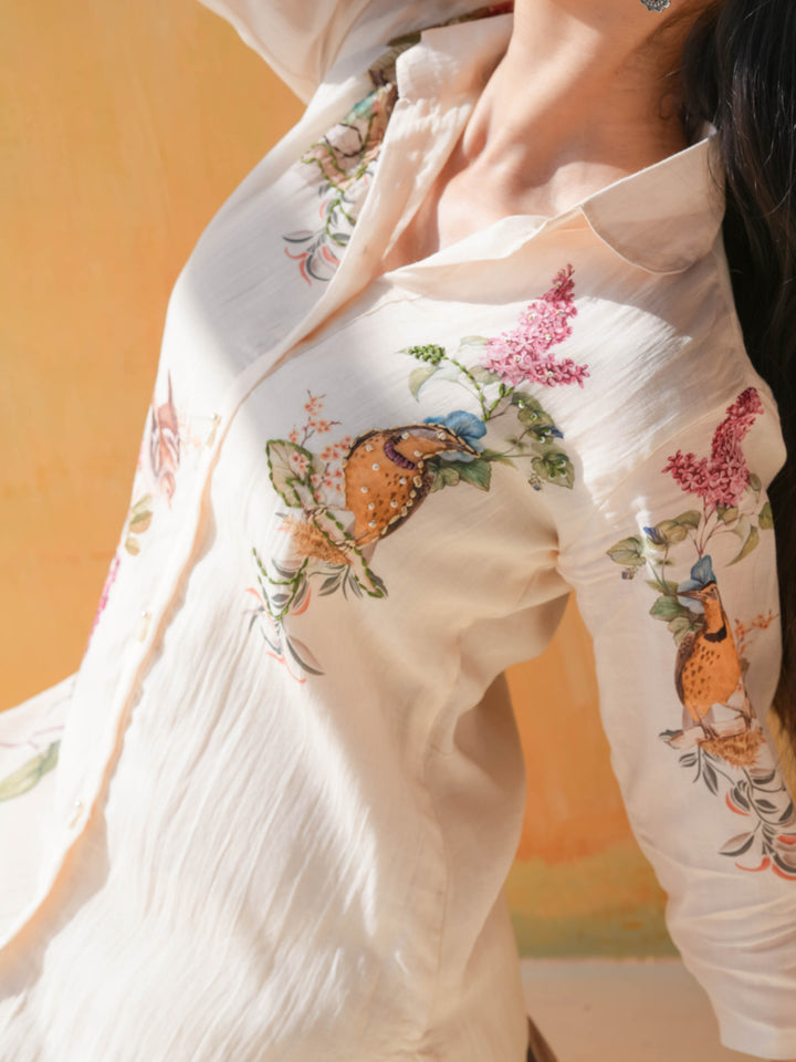 Cream Bird Print Cotton Co-ord Set