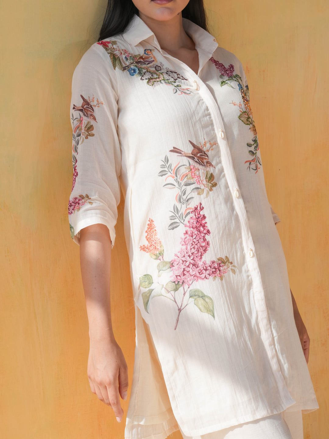 Cream Bird Print Cotton Co-ord Set