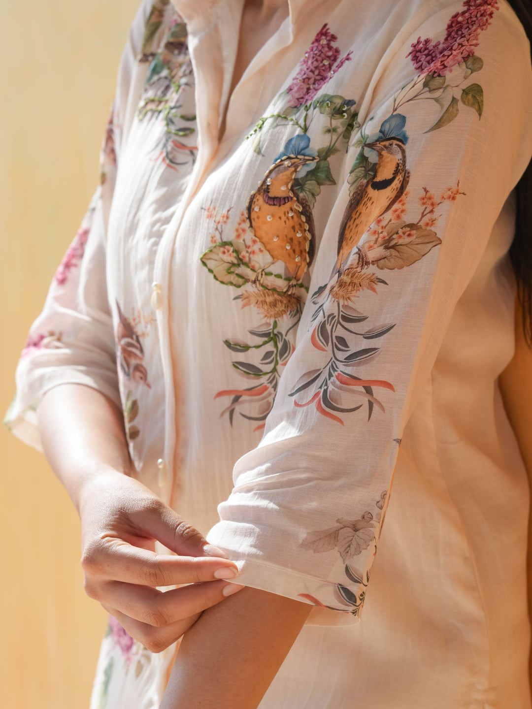 Cream Bird Print Cotton Co-ord Set