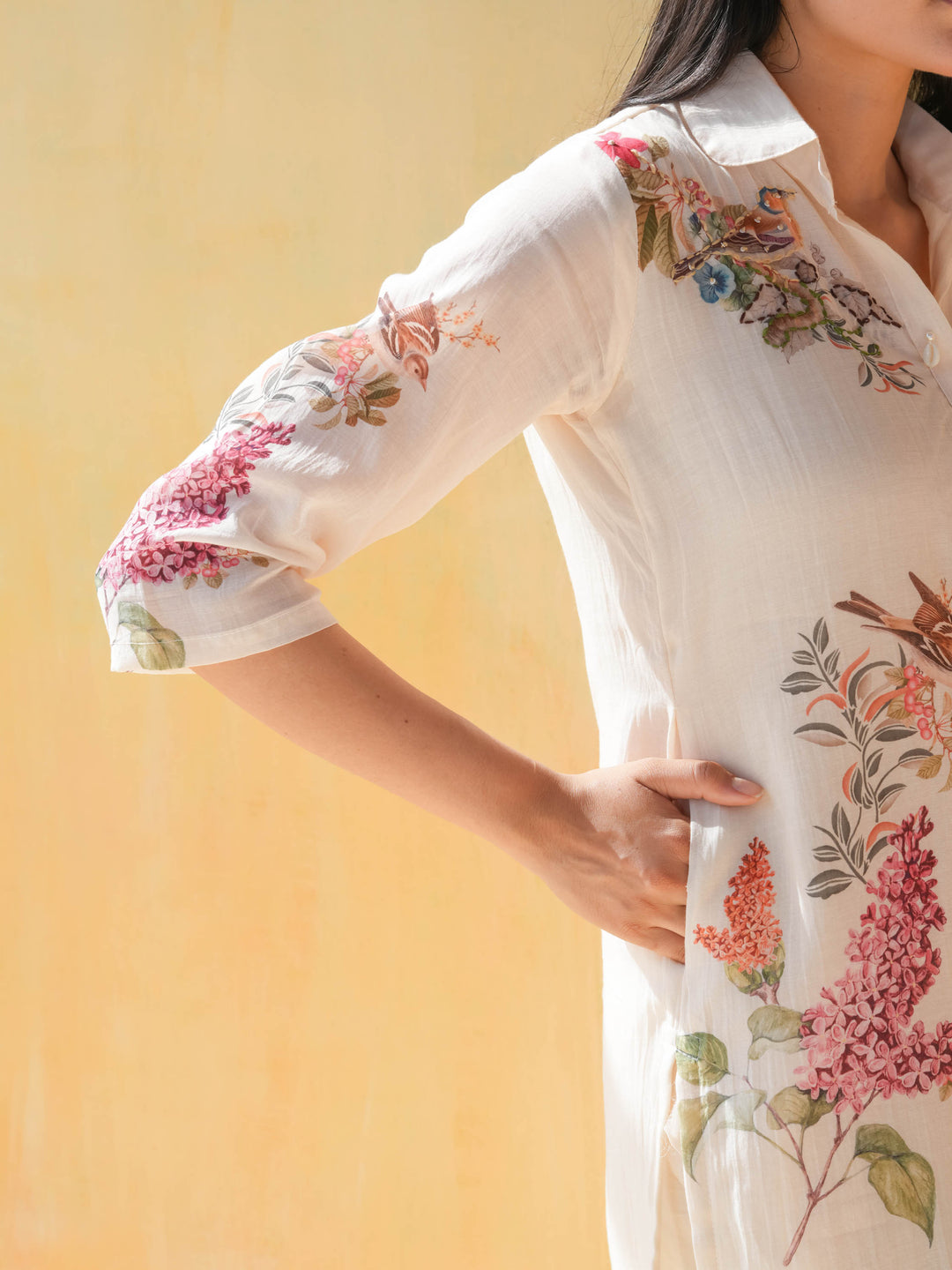 Cream Bird Print Cotton Co-ord Set