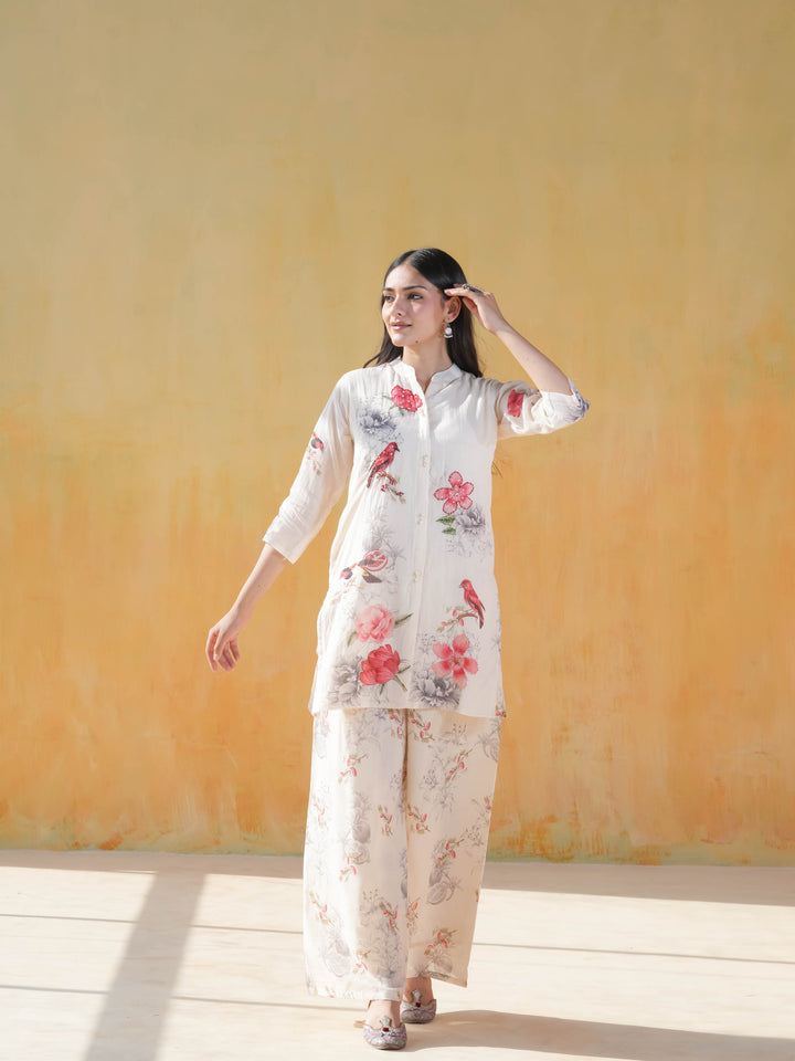 White Bird Motif Cotton Co-ord Set