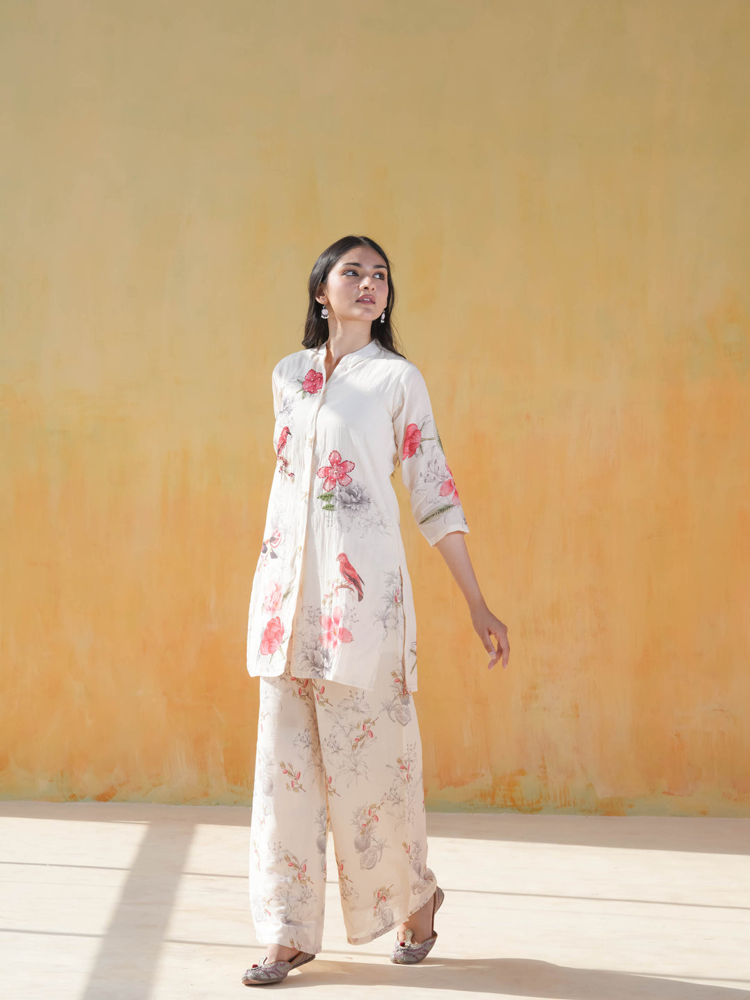 White Bird Motif Cotton Co-ord Set