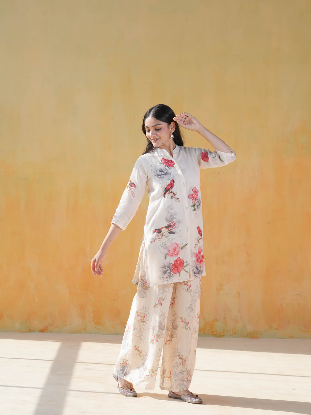 White Bird Motif Cotton Co-ord Set