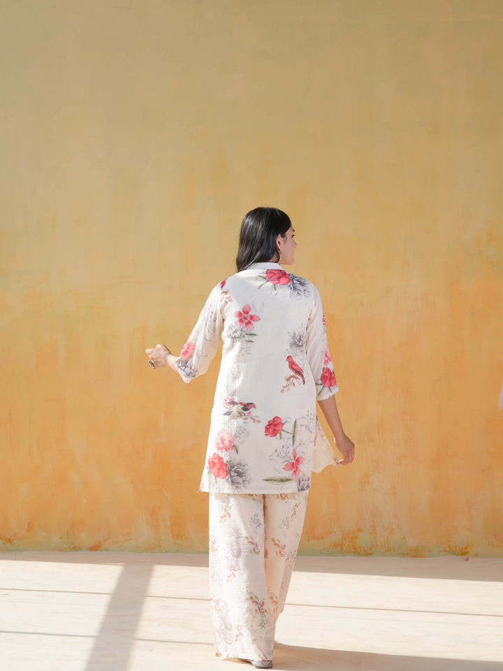 White Bird Motif Cotton Co-ord Set