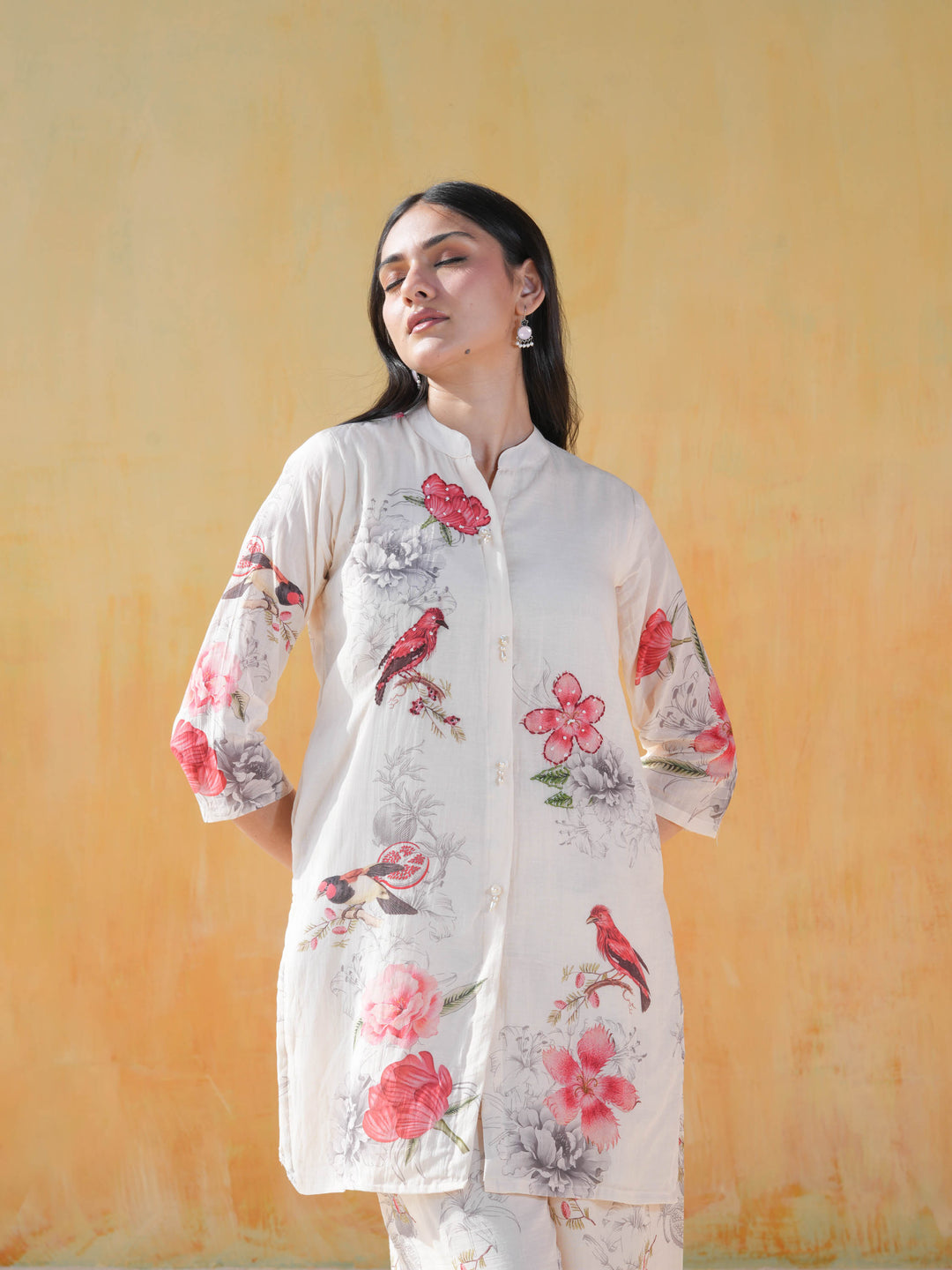 White Bird Motif Cotton Co-ord Set