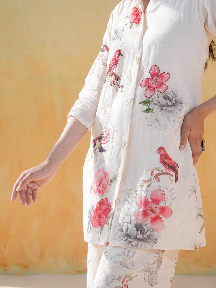 White Bird Motif Cotton Co-ord Set